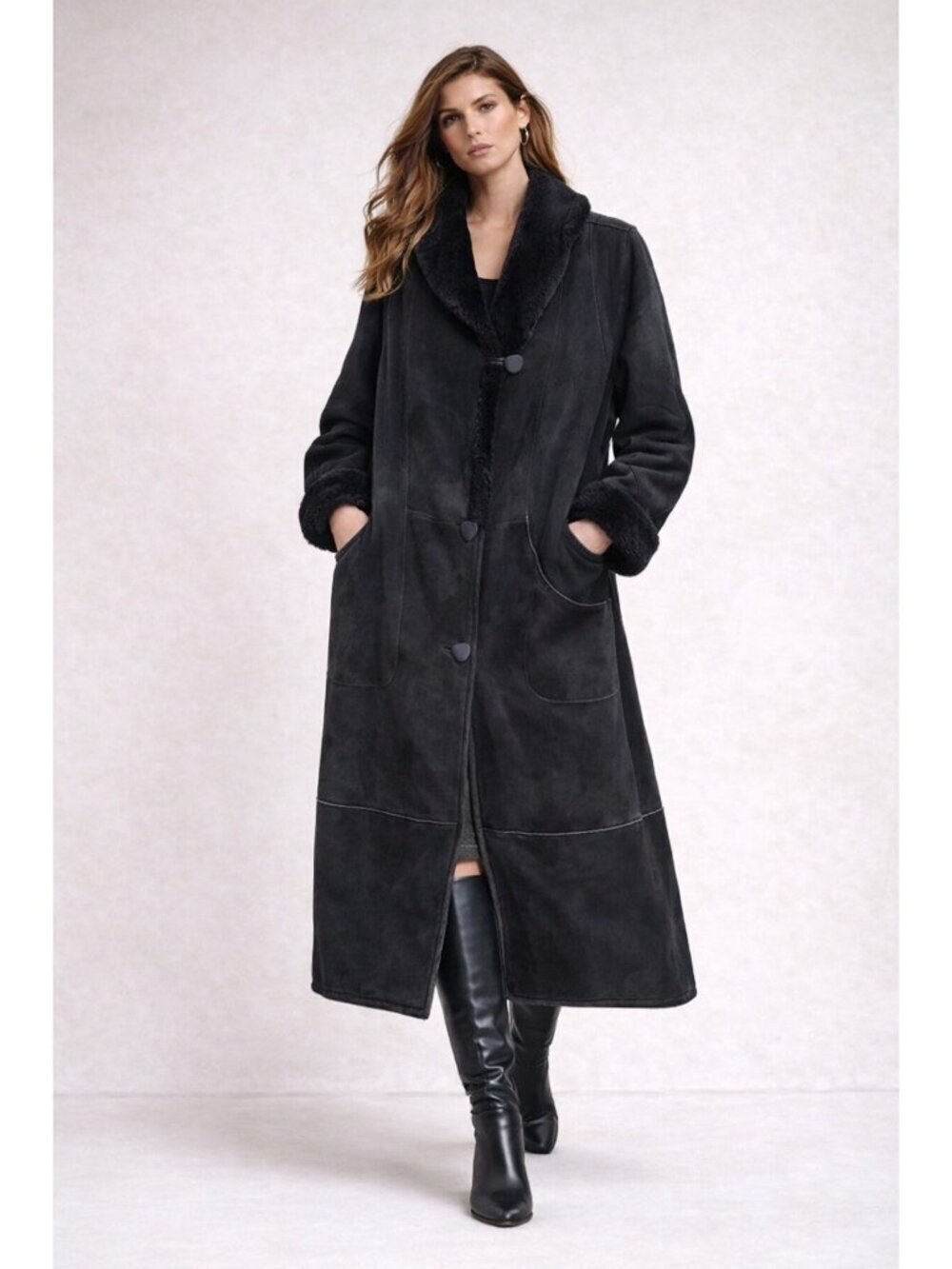 Rafel Brothers Shearling Coat Womens 8 Black Sheepskin Fur Lined Leather Coat